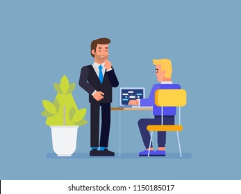 Manager of Project and IT-specialist working together. Vector flat illustration