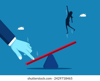manager pushes seesaw helps the businesswoman jump high to reach the goal 