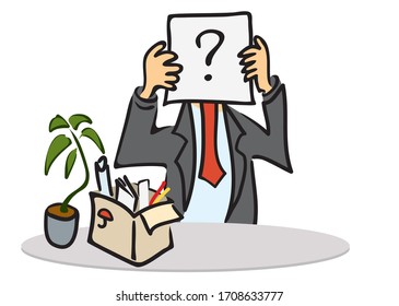 gerente con una pregunta en el tableta en sus manos y una caja con cosas y fichas en la mesa. despido y búsqueda de empleo