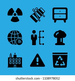 manager, radioactive, worldwide, explosion, xylophone, warning, building, recycle bin and cupboard vector icon. Simple icons set