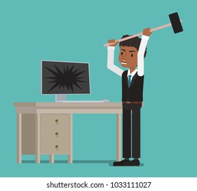 The manager in a rage breaks the computer with a sledgehammer.