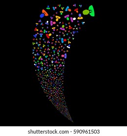 Manager random fireworks stream. Vector illustration style is flat bright multicolored iconic symbols on a black background. Object fountain combined from scattered symbols.