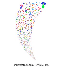 Manager random fireworks stream. Vector illustration style is flat bright multicolored iconic symbols on a white background. Object fountain created from scattered icons.