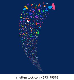 Manager random fireworks stream. Vector illustration style is flat bright multicolored iconic symbols on a blue background. Object fountain done from scattered design elements.