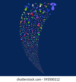 Manager random fireworks stream. Vector illustration style is flat bright multicolored iconic symbols on a blue background. Object fountain organized from scattered pictographs.