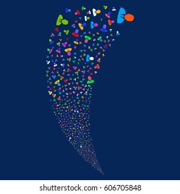 Manager random fireworks stream. Vector illustration style is flat bright multicolored iconic symbols on a blue background. Object fountain made from scattered pictograms.