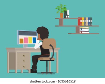 The manager reflects on the difficult task of sitting at the computer. Vector illustration. Suitable for animation (individual elements)