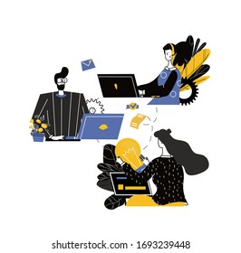 manager at remote work, searching for new ideas solutions, working together in the company, brainstorming, online assistant at work. promotion in the network. vector illustration in flat style