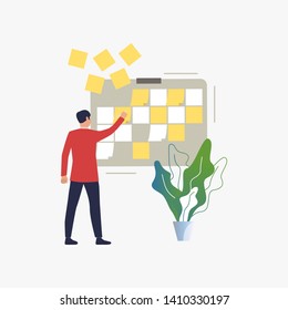 Manager removing notes from board. Employee completing project and cleaning Kanban board. Business concept. Illustration can be used for topics like completed task, done, scrum