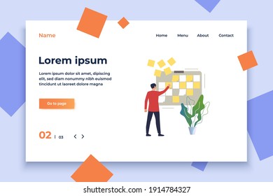 Administrador eliminando notas de la placa. Empleado completando el proyecto y limpiando la junta Kanban. Concepto de negocio. La ilustración puede utilizarse para temas como la tarea completa, realizada, depurada