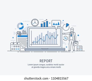 A manager reporting marketing the show graphs, on laptop display. Reporting concept. Vector modern thin line illustration.