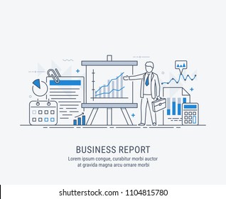 A manager reporting marketing the show graphs, on tripod stand. Reporting concept. Vector modern thin line illustration.