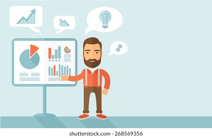 A manager reporting and presenting the show graphs as his m,arketing report on tripod stand inside conference room. Reporting concept. A contemporary style with pastel palette, soft blue tinted