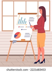 Manager reports on results of project, looks at diagram talking to colleague, team leader researching statistics from charts. Woman analyzes data scene. Optimization strategy, success business