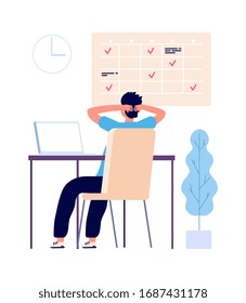 Manager rest at workplace. Time out, multitask board for planning office strategy. Work day routine vector illustration