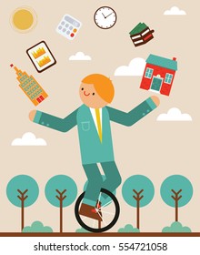 Manager Riding A Unicycle While Juggling A House, A Office A Wallet, A Tablet, A Clock And A Calculator Icons