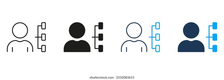 Juego de iconos de línea y silueta de roles de administrador. Pictograma de responsabilidad del empleado. Signo de gestión responsable. Trazo Editable. Ilustración vectorial aislada.