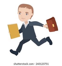 manager is running with briefcase and folder - businessman cartoon character series of drawings