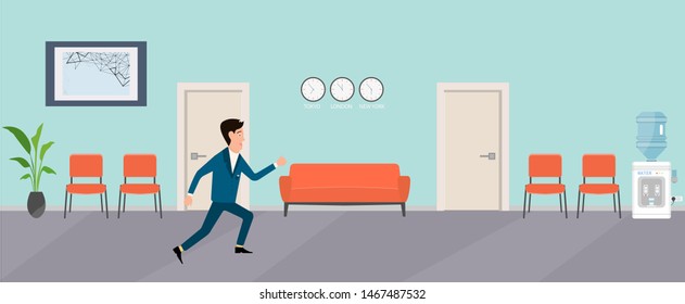 Manager runs down the hall in the office. Waiting hall in a blue color. Corridor.