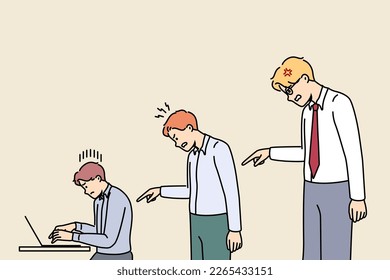 Manager scolding subordinate in office. Employer and boss lecturing supervising intern. Concept of work subordination and supervision. Vector illustration. 