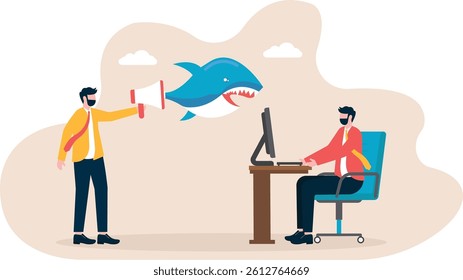 Manager screams with megaphone and flies out angry shark scares colleagues.

