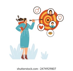 Manager is searching for target audience. Woman aims an arrow straight at the target. Corporate analysis. Choosing male or female employee, partner. Vector illustration isolated on white background.