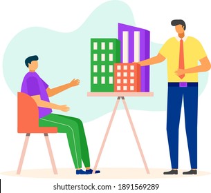 Manager sell apartment to client character, customer sitting project urban residential district flat vector illustration, isolated on white. Concept business negotiations purchase real estate.