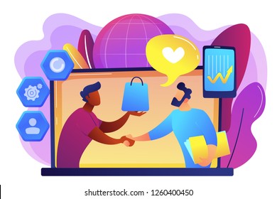 Manager Shakes Hands With Customer, Strategy For Interactions With Client. Customer Relationship Management, CRM System, CRM Lead Management Concept. Bright Vibrant Violet Vector Isolated Illustration