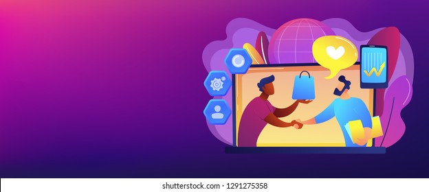 Manager shakes hands with customer, strategy for interactions with client. Customer relationship management, CRM system, CRM lead management concept. Header or footer banner template with copy space.