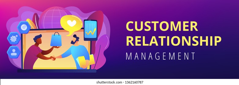 Manager shakes hands with customer, strategy for interactions with client. Customer relationship management, CRM system, CRM lead management concept. Header or footer banner template with copy space.