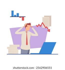 Manager shocked by decline of income vector illustration. Businessman touching head and suffering from depression. Stack of documents, arrow down on background. Business and finance concept
