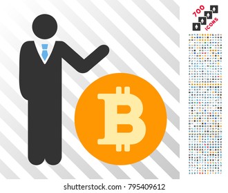 Manager Show Bitcoin Coin icon with 700 bonus bitcoin mining and blockchain pictograms. Vector illustration style is flat iconic symbols design for crypto-currency websites.