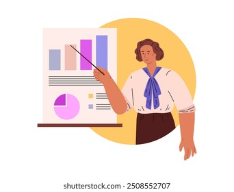El gerente muestra el gráfico creciente de los ingresos de la compañía con un puntero de madera. Estadísticas de datos, gráfico circular. Presentación de trabajo. Buena secretaria. Ilustración vectorial aislada sobre fondo blanco