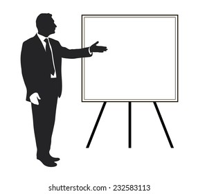 Manager zeigt: Ziele, Text, Prioritäten, wichtige Daten.Präsentation. Seminar.Training. Leiter. Infografik. Silhouette eines Mannes. Geste. Vektorgrafik. Symbol. Schwarz-Weiß.