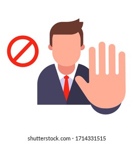 manager shows a stop sign with his hand. forbidden gesture. flat vector illustrator.