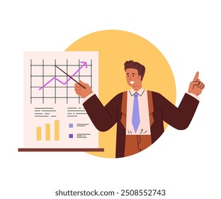 Manager shows work statistics with a wooden pointer. Presentation. Data analytics. Increase in company income. A man in a business suit. Secretary. Vector illustration isolated on white background.