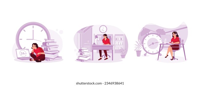 The manager sits daydreaming and working too hard. a beautiful woman working overtime and tired of the routine. Businesswomen are working hard with computer. Set Trend Modern vector flat illustration