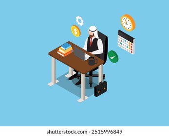 Manager sitting at desk and working on pc computer. Employee works hard. Office room interior with furniture 3d isometric vector illustration