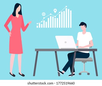 Manager sitting at table with laptop, coworker pointing on graphs and charts. Vector business analytics discussing financial issues, brokers collaboration