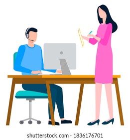 Manager sitting at table with laptop, coworker woman standing nearby and making notes. Vector business analytics discussing financial issues, brokers collaboration