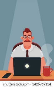 Manager Sitting and Working with Laptop. Cartoon Style. Vector Illustration