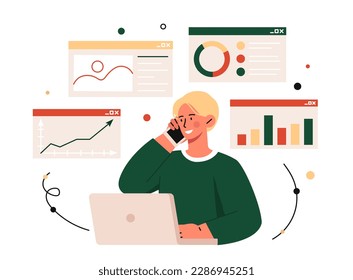 Manager speaking concept. Man sits with laptop against background of graphs and diagrams and answers phone call. Entrepreneur or analyst. Consultant and assistant. Cartoon flat vector illustration