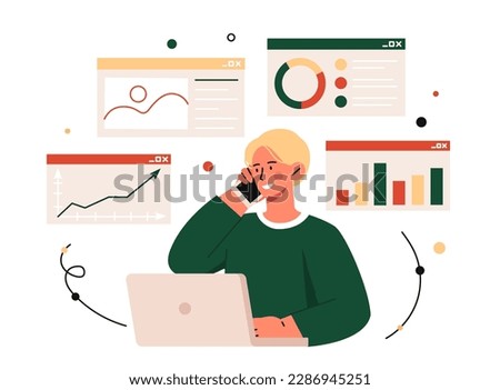 Manager speaking concept. Man sits with laptop against background of graphs and diagrams and answers phone call. Entrepreneur or analyst. Consultant and assistant. Cartoon flat vector illustration