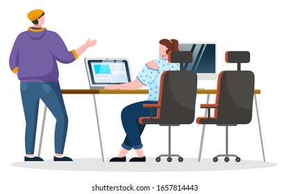 Manager speaking with office worker at her workplace. Lady sit on chair by table and type on laptop. Colleagues and teammates talking about work. Vector illustration of coworkers in flat style