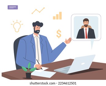 Administrador hablando en equipo durante una videollamada de negocios. Trabajo, comunicación con videollamadas de compañeros de trabajo
