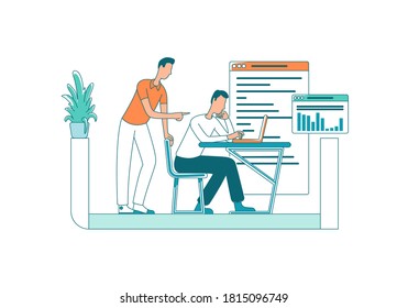 Manager with staff member flat color vector faceless characters. Company management. Help with project. Corporate occupation isolated cartoon illustration for web graphic design and animation
