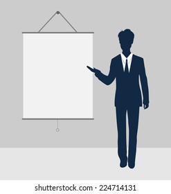 Manager stand near blank board presentation showing speak project brief template - vector