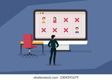 Manager Standing at Huge monitor with Employees Out of Office and Empty Armchair 2d vector illustration concept for banner, website, illustration, landing page, flyer, etc.