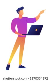 Manager standing with laptop and pointing with finger vector illustration. IT specialist and office worker, developer and workplace, designer and work online concept. Isolated on white background.
