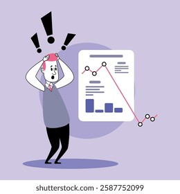 Manager standing in office space, expressing concern over decreasing performance metrics shown on report. Graph displaying downward trend, highlighting urgency